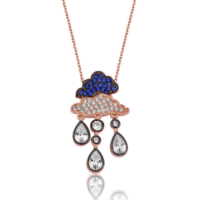 Rose Gold Plated Rain Cloud Necklace with Blue & Clear Stones