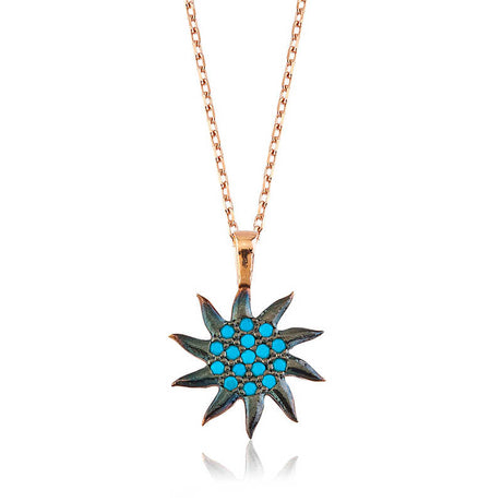 Rose Gold Plated Sterling Silver - Blue Gemstone Sunburst Necklace