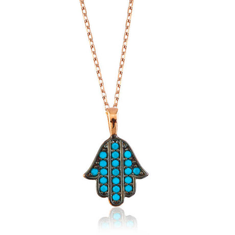 Hamsa Hand Necklace - Rose Gold-Tone & Oxidized Silver with Turquoise