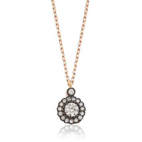Rose Gold Tone Necklace - Sparkling Flower Halo Pendant with Dark Setting