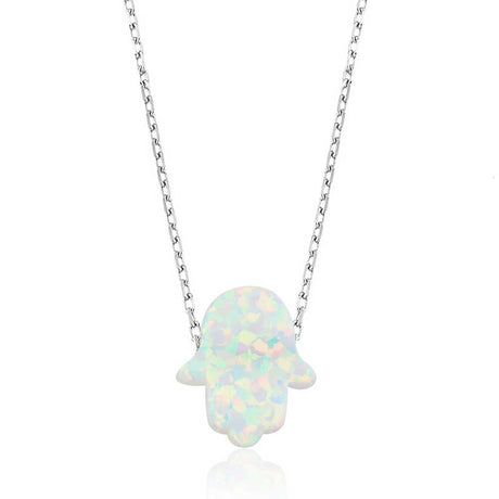 Sterling Silver Necklace - Dainty White Opal Hamsa Hand Pendant