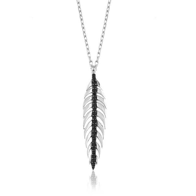 Necklace - Sterling Silver Leaf Pendant with Black Stones