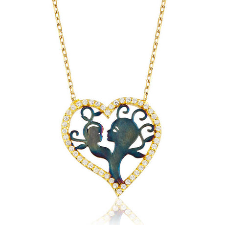 Mother Child Heart Necklace - Gold-Tone Sterling Silver with CZ