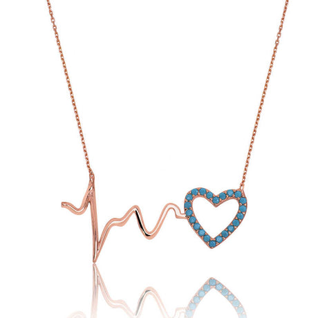 Necklace - Rose Gold Plated Heartbeat Pulse & Turquoise Heart