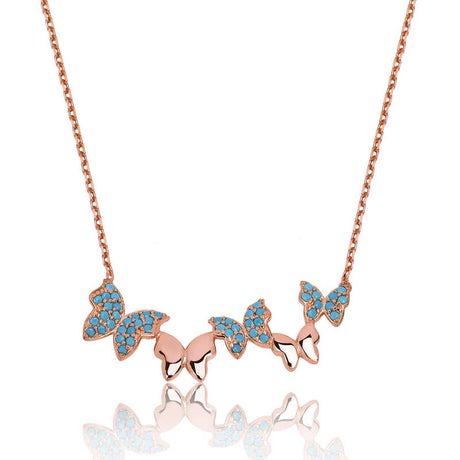 Rose Gold Tone Butterfly Necklace - Dainty Turquoise-Colored Stones
