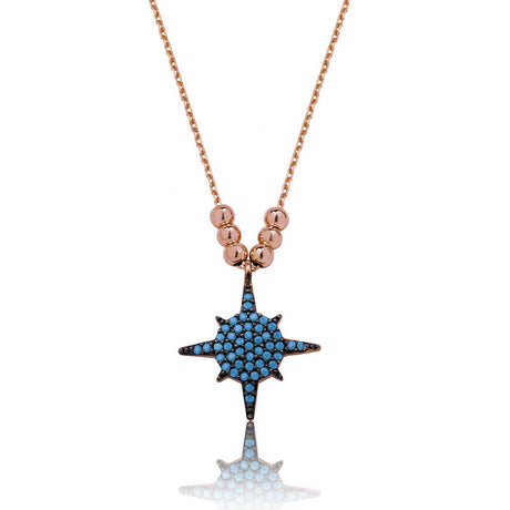Rose Gold-Tone Blue Stone Star Necklace - Celestial Design