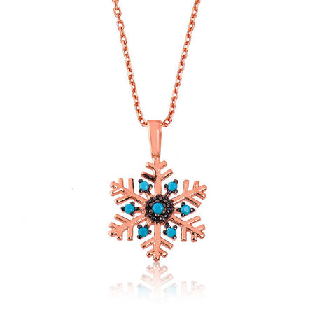Necklace - Rose Gold Plated Silver Snowflake with Turquoise Accents