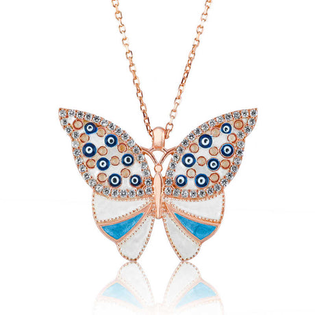 Butterfly Evil Eye Necklace - Rose Gold Tone Silver with Sparkling Stones