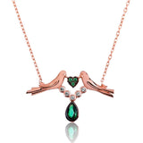 Rose Gold Tone Love Birds Necklace - Emerald Heart & Zirconia Teardrop