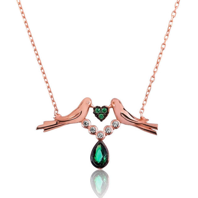 Rose Gold Tone Love Birds Necklace - Emerald Heart & Zirconia Teardrop