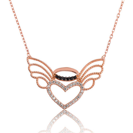 Rose Gold-Tone Zirconia Angel Wing Heart Necklace