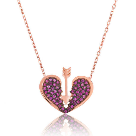 Necklace - Rose Gold Tone Fuchsia Pave Broken Heart with Arrow