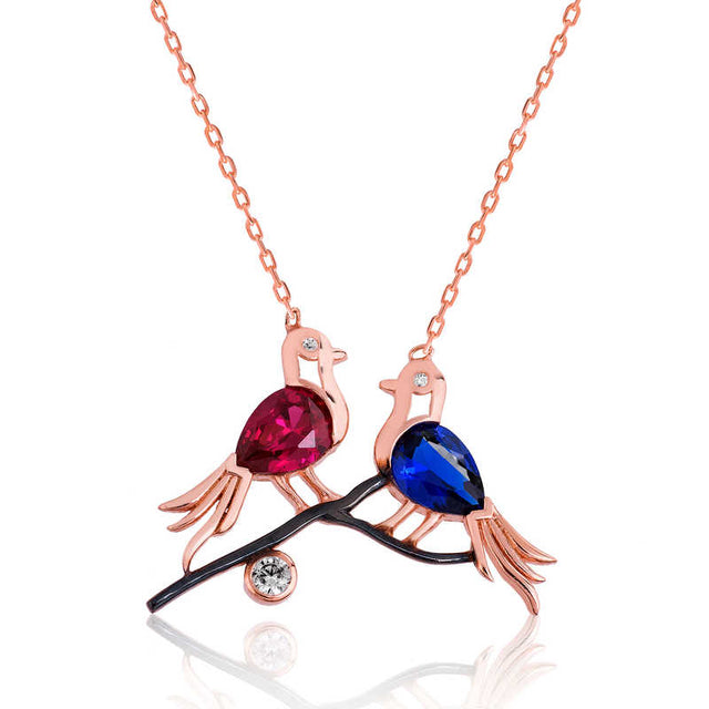 Rose Gold-Tone Love Birds Necklace - Red & Blue Stone Couple Design