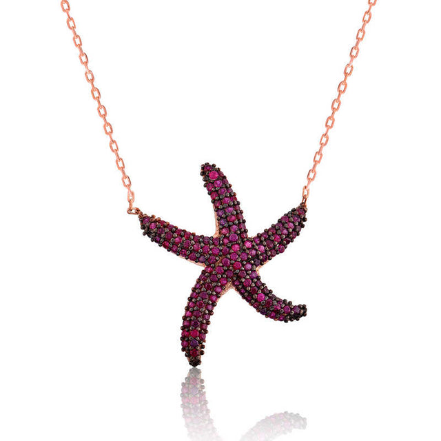 Rose Gold Plated Starfish Necklace - Dazzling Pink Stone Pendant