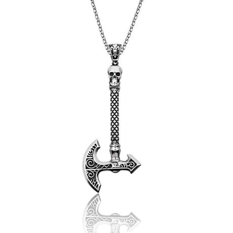 Necklace - Sterling Silver Oxidized Skull Axe Warrior Pendant
