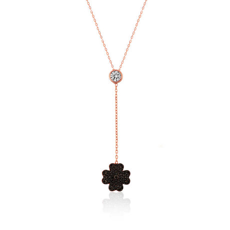 Y-Lariat Necklace - Rose Gold Plated Silver Clear Stone & Black Clover