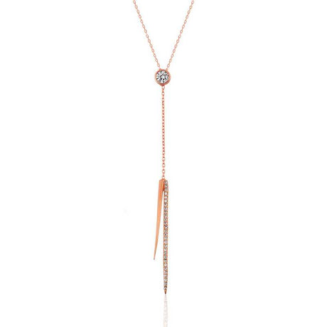 Rose Gold Tone Lariat Necklace - Sparkling Solitaire & Pave Bar Pendant