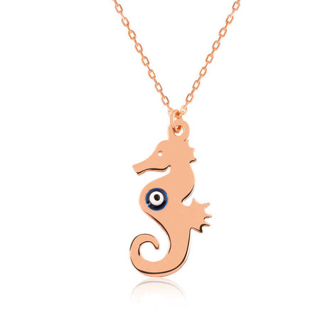 Necklace - Rose Gold-Tone Seahorse with Evil Eye Charm