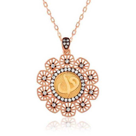 Elegant Rose Gold-Tone Elif Vav Calligraphy Floral Pendant Necklace