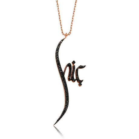 Necklace - Rose Gold-Tone Black Zircon Calligraphy 'Hic' Pendant