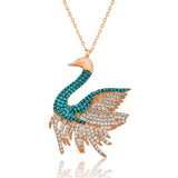 Elegant Rose Gold-Tone Swan Necklace with Turquoise & Zirconia
