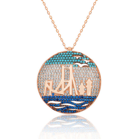 Rose Gold Plated Necklace - Sparkling Istanbul Bridge Cityscape Pendant