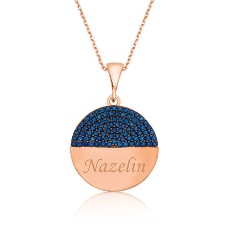 Rose Gold Plated Blue Stone Half Pavé Engraved Necklace