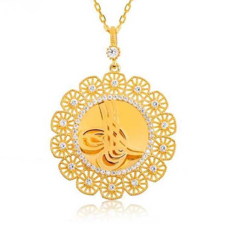 Gold Plated Ottoman Tughra Statement Necklace with Dazzling Stones