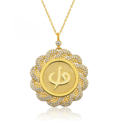 Statement Necklace - Gold-Tone Zirconia Ornate Calligraphy Pendant