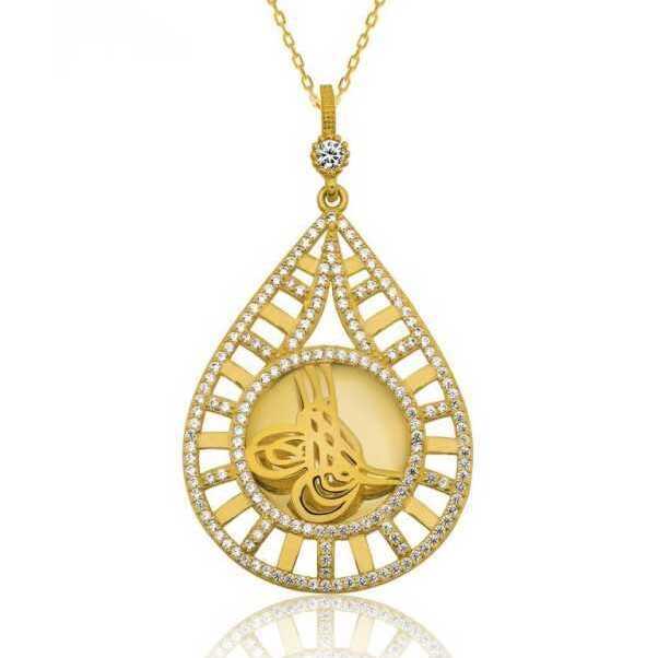 Gold Plated Teardrop Necklace - Zirconia Embellished Ottoman Tughra