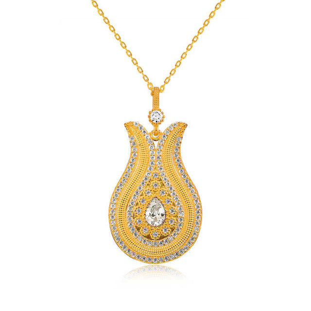 Necklace - Gold-Tone Clear Stone Ornate Tulip Pendant
