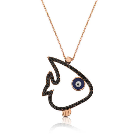 Necklace - Rose Gold-Tone Black Zircon Fish Evil Eye Pendant