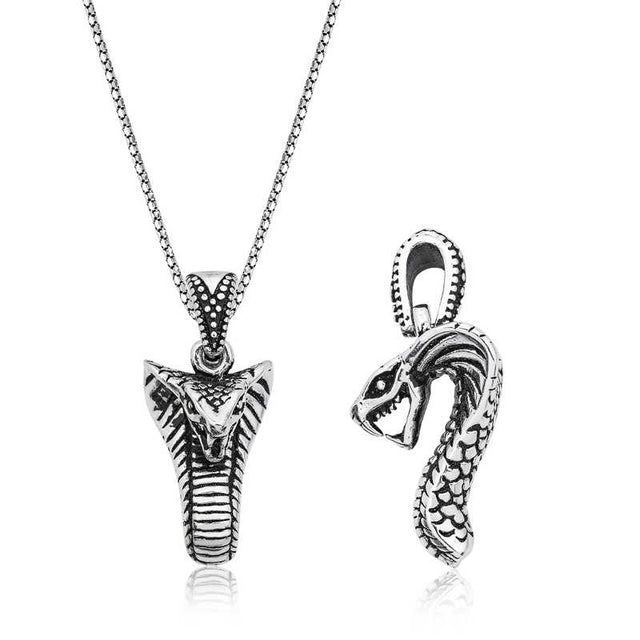 Sterling Silver Cobra Snake Pendant Necklace - Edgy Animal Design
