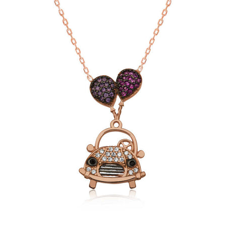 Necklace - Rose Gold Plated Zirconia Whimsical Car & Balloon Pendant