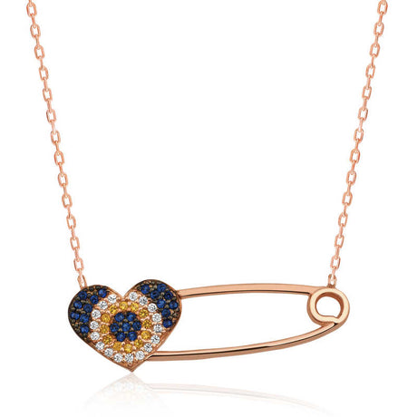 Rose Gold Plated Evil Eye Heart Safety Pin Necklace