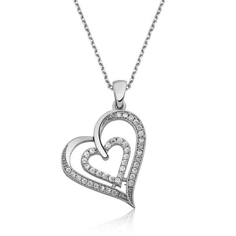 Sterling Silver Necklace - Sparkling Pave Interlocking Hearts Pendant