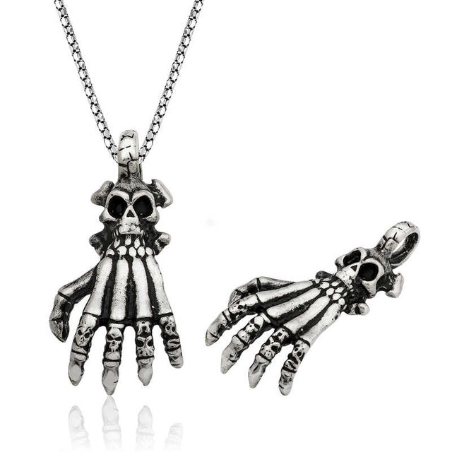 Sterling Silver Skeleton Hand Necklace - Gothic Skull Design