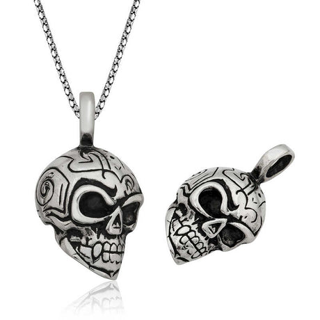 Sterling Silver Skull Necklace - Tribal Pattern Pendant for Men