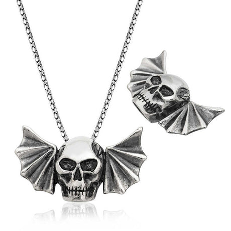 Sterling Silver Bat Wing Skull Pendant Necklace - Gothic Edgy Style