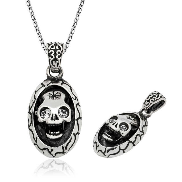 Sterling Silver Skull Pendant Necklace - Gothic Detailed Design with Clear Stones