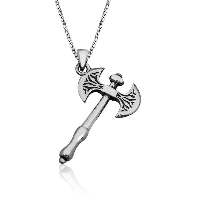 Sterling Silver Axe Pendant Necklace - Ornate Warrior Style