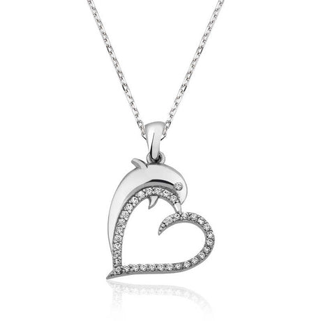 Sterling Silver Dolphin Heart Necklace - Cubic Zirconia Pendant