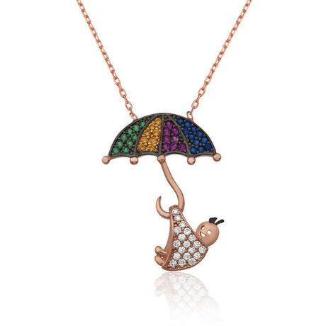 Rose Gold Plated Baby & Rainbow Umbrella Necklace - Cubic Zirconia