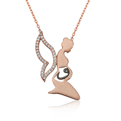 Rose Gold Tone Mother & Wing Necklace - Sparkling Vav Symbol