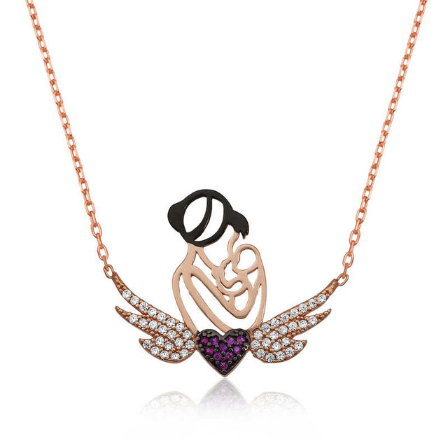 Necklace - Rose Gold Plated Silver Mother & Child Angel Wing Heart Pendant
