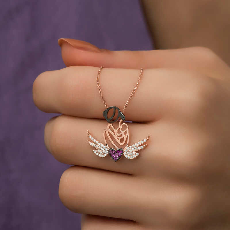 Collier - Pendentif Cœur Aile d'Ange Mère et Enfant en Argent Plaqué Or Rose