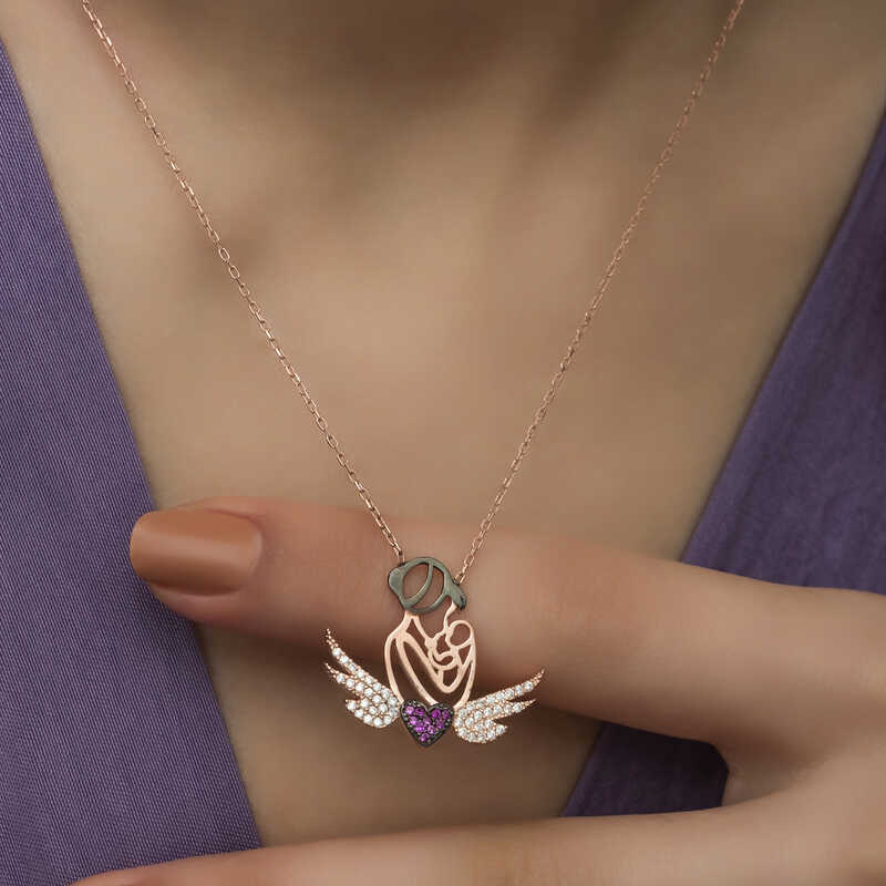 Collier - Pendentif Cœur Aile d'Ange Mère et Enfant en Argent Plaqué Or Rose