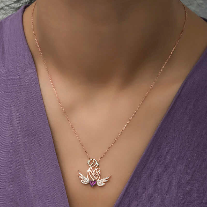 Collier - Pendentif Cœur Aile d'Ange Mère et Enfant en Argent Plaqué Or Rose