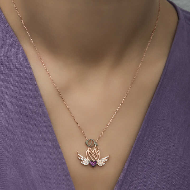 Collier - Pendentif Cœur Aile d'Ange Mère et Enfant en Argent Plaqué Or Rose
