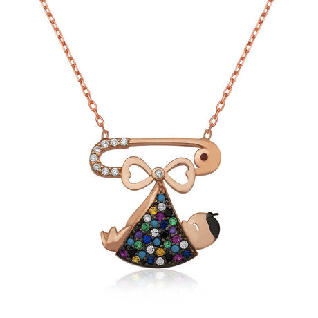 Rose Gold Plated Baby Safety Pin Necklace - Multi-Stone Zirconia